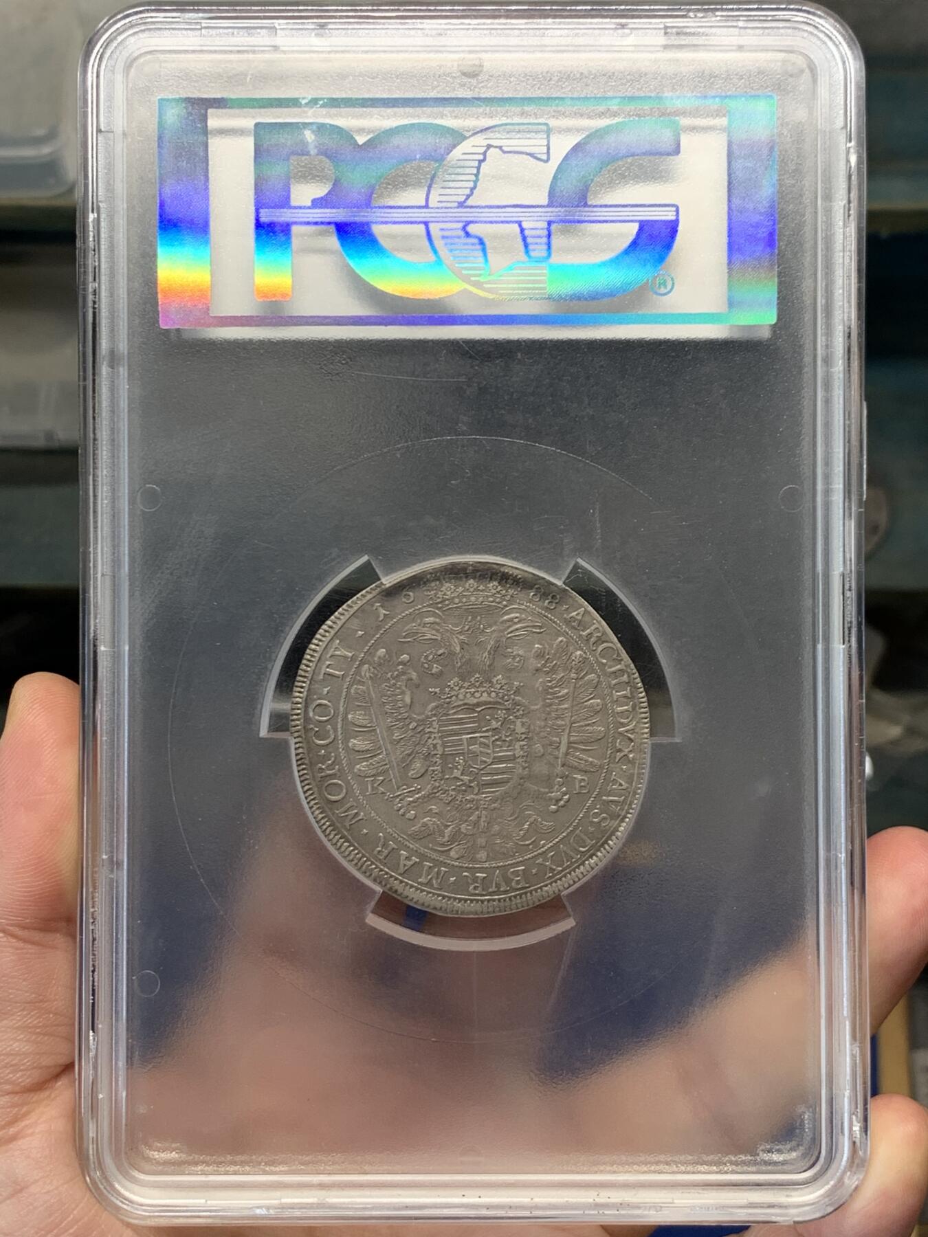 《竞宝斋》第420场 周日，周一，周二  3场连拍 （全场包邮） PCGS AU58 神圣罗马帝国 1688 匈牙利泰勒银币  利奥波德一世 大波浪流行发型 P大盒封装