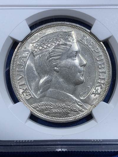 《竞宝斋》第420场 周日，周一，周二  3场连拍 （全场包邮） NGC MS62 拉脱维亚1931年谷物女神5拉特银币 外拍上涨品种