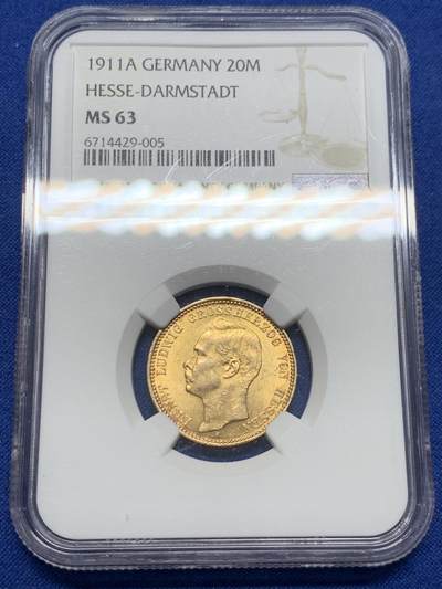 《竞宝斋》第420场 周日，周一，周二  3场连拍 （全场包邮） - 亚军分 NGC MS63 德国 1911 黑森-达姆施塔特大公国 路德维希20马克 金币 约8克 900金 远高于金价的品种