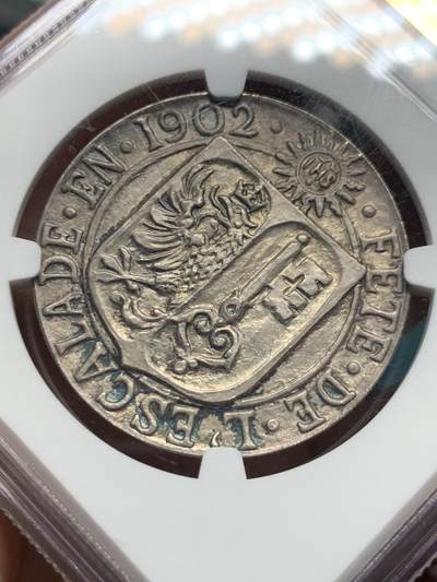 《竞宝斋》第420场 周日，周一，周二  3场连拍 （全场包邮） NGC MS64 瑞士1902年日内瓦凯雷德战役300周年纪念银章 淡包浆