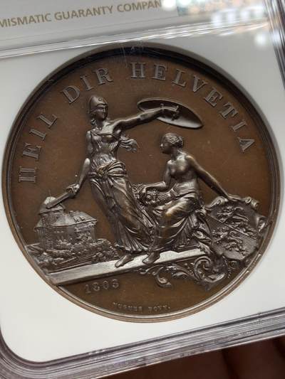 《竞宝斋》第420场 周日，周一，周二  3场连拍 （全场包邮） NGC MS64BN 1890年瑞士射击节铜章，原光PL感，感觉有点低评了，加厚盒。