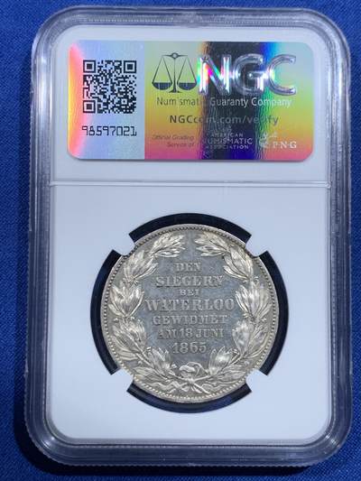 《竞宝斋》第420场 周日，周一，周二  3场连拍 （全场包邮） NGC MS62 德国 1865 汉诺威 滑铁卢战役五十周年 泰勒银币 分数状态都不错