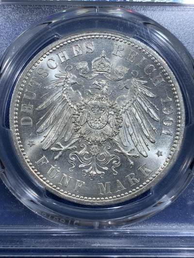《竞宝斋》第420场 周日，周一，周二  3场连拍 （全场包邮） PCGS MS63 德国 1901年 建国5马克银币 德系入门标配