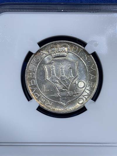 《竞宝斋》第420场 周日，周一，周二  3场连拍 （全场包邮） NGC MS63 圣马力诺1935年10里拉银币 图案有特色 发行少