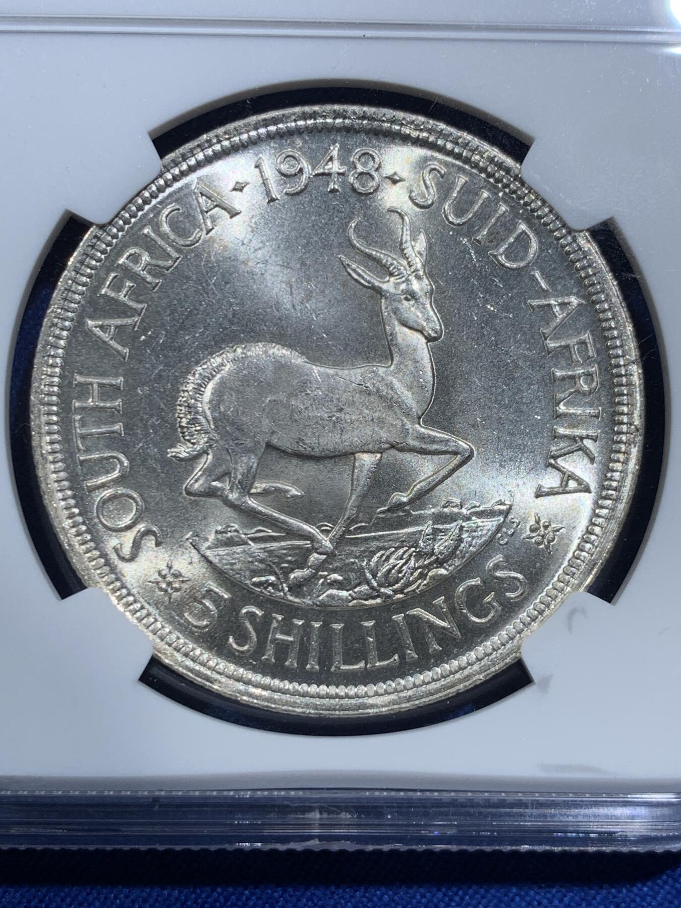 《竞宝斋》第420场 周日，周一，周二  3场连拍 （全场包邮） NGC MS63 英属南非1948年乔六跳羚5先令大银 早期高银版