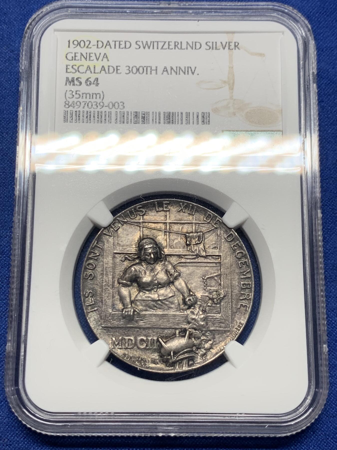 《竞宝斋》第420场 周日，周一，周二  3场连拍 （全场包邮） NGC MS64 瑞士1902年日内瓦凯雷德战役300周年纪念银章 淡包浆
