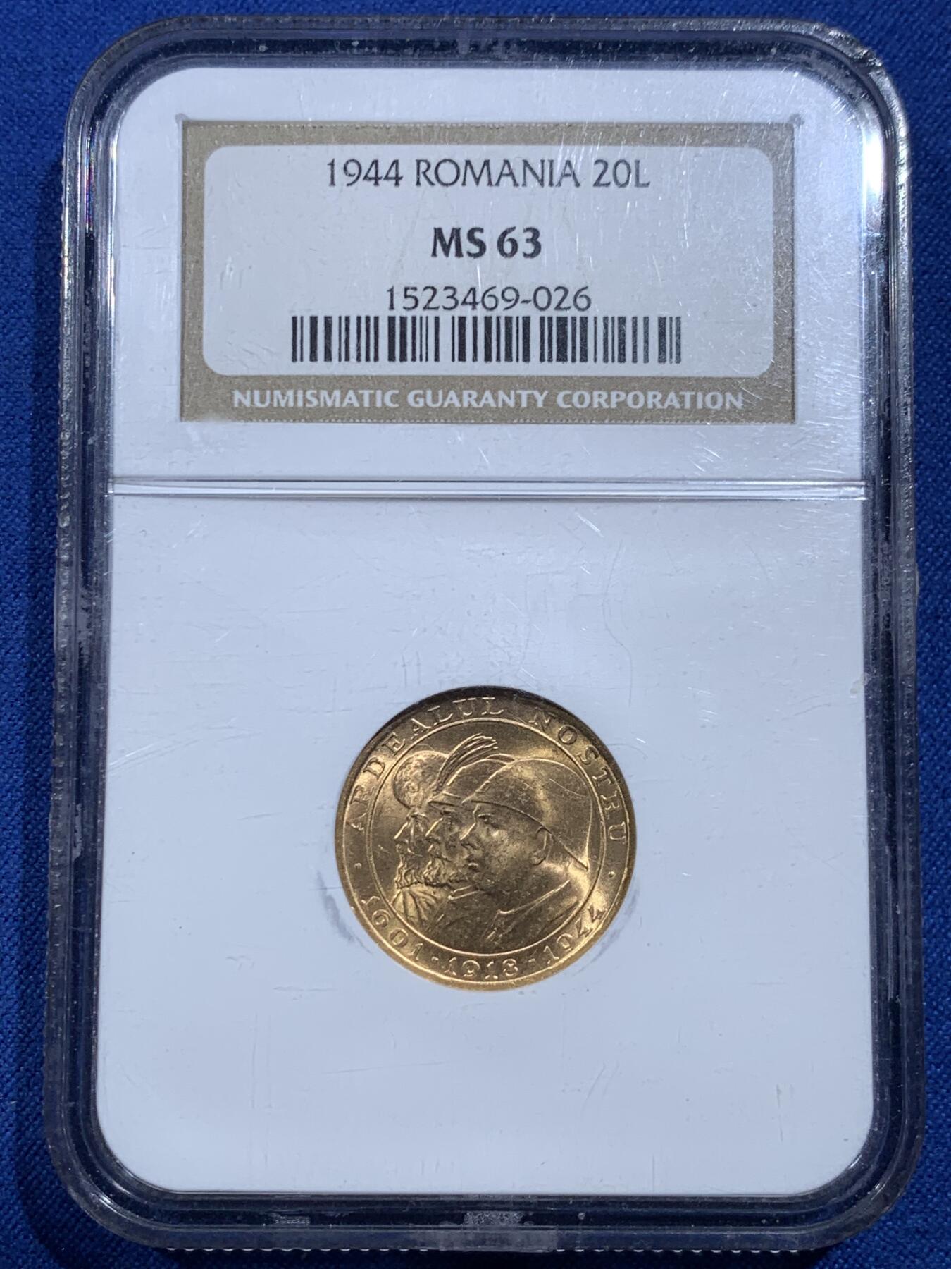 《竞宝斋》第420场 周日，周一，周二  3场连拍 （全场包邮） NGC MS63 罗马尼亚王国1944年北阿德尔解放日纪念20列伊金币 三王纪念 900金 6.55克 少见品种 稀奇首现