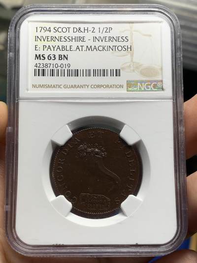《竞宝斋》第420场 周日，周一，周二  3场连拍 （全场包邮） NGC MS63BN 1794年苏格兰因弗内斯郡协和半便士 背面的玫瑰图案非常精美 极其少见的token精品 pl状态非常出色