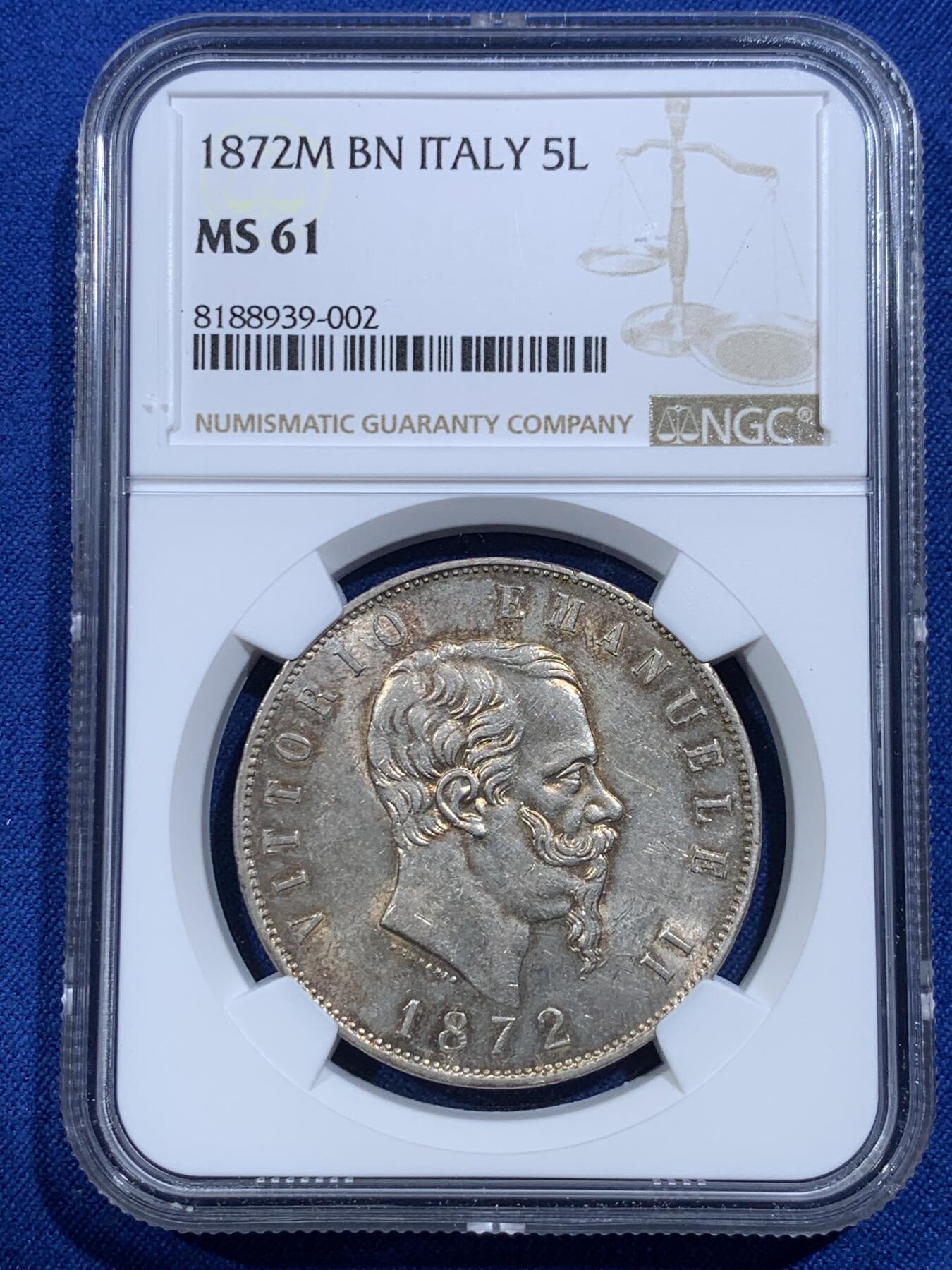 《竞宝斋》第420场 周日，周一，周二  3场连拍 （全场包邮） NGC MS61 意大利1872年伊曼纽尔二世5里拉大银币 黄油转光