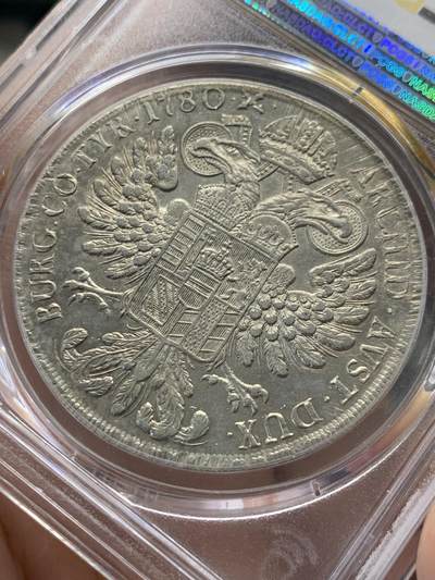 《竞宝斋》第420场 周日，周一，周二  3场连拍 （全场包邮） PCGS AU55分 1780年 神圣罗马帝国玛利亚特蕾莎女王 大奶妈1泰勒大银币 PC亚军分 封面广告币之一 威尼斯造币厂铸造 铸造时间1817-1833年 微镜面感 深打难得