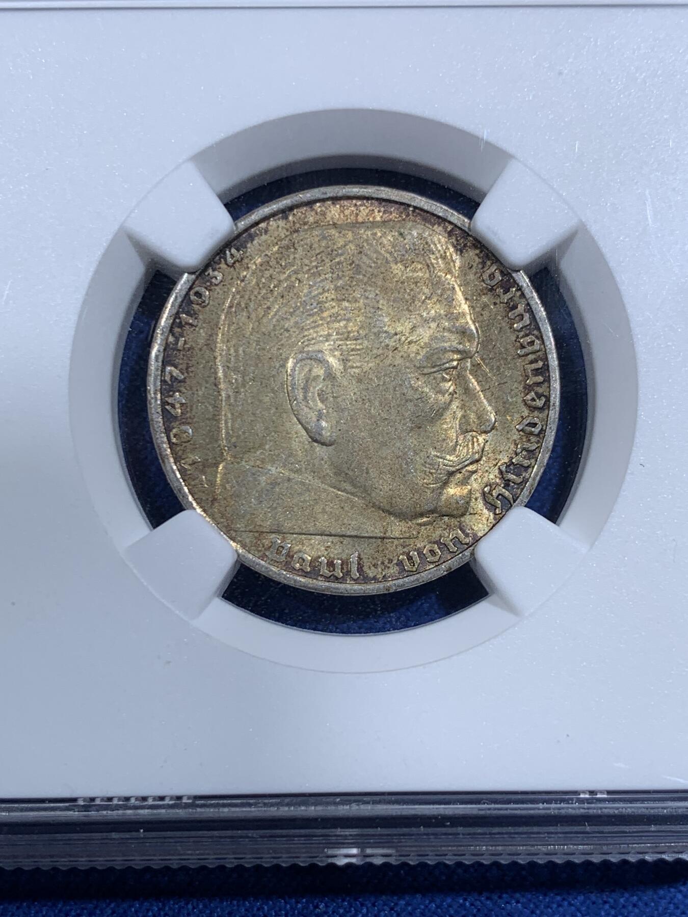 《竞宝斋》第420场 周日，周一，周二  3场连拍 （全场包邮） NGC MS64 德国1937年兴登堡带字2马克银币