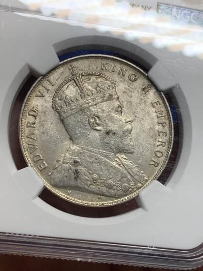 《竞宝斋》第420场 周日，周一，周二  3场连拍 （全场包邮） NGC MS61 海峡殖民地1907年H版壹圆 此版高分稀少 原光 标签未标注