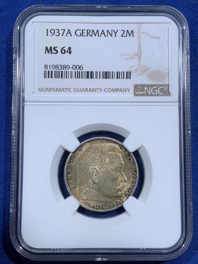 《竞宝斋》第420场 周日，周一，周二  3场连拍 （全场包邮） - NGC MS64 德国1937年兴登堡带字2马克银币