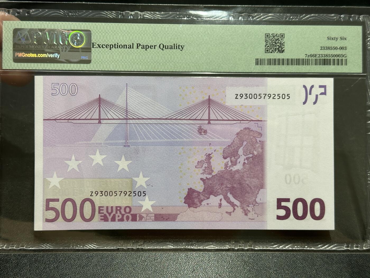 《外钞收藏家》第五百六十九期（本期拍品品种丰富、精选优质稀少好货）（本平台长期征集拍品、欢迎藏友们联系合作） 2002年一签500欧元 PMG66号码无4 比利时版
