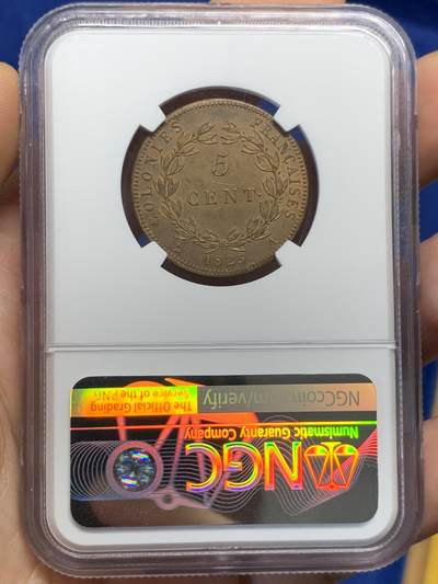 《竞宝斋》第420场 周日，周一，周二  3场连拍 （全场包邮） 冠军分 NGC MS66RB 法属西印度殖民地 1825年 查理十世 5分铜币 可遇不可求的状态