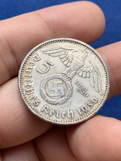 《竞宝斋》第420场 周日，周一，周二  3场连拍 （全场包邮） 德国1936年A兴登堡5马克银币 帝国鹰版 原味包浆