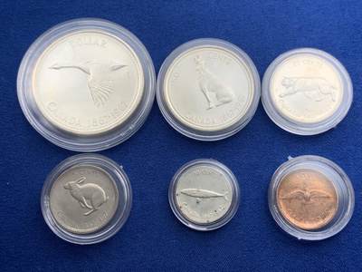 《竞宝斋》第420场 周日，周一，周二  3场连拍 （全场包邮） 六枚一组 1967年加拿大建国100周年精致套币 包含四枚银币 主币经典大雁造型
