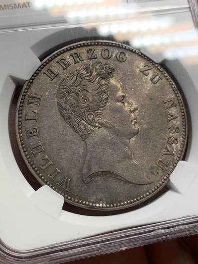 《竞宝斋》第420场 周日，周一，周二  3场连拍 （全场包邮） NGC AU53 德国 1836 拿骚 威廉 泰勒 大银币 稀缺品种 原味包浆