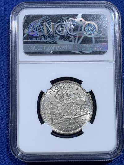 《竞宝斋》第420场 周日，周一，周二  3场连拍 （全场包邮） NGC MS64 澳大利亚1946年乔六2先令银币，袋鼠与鸸鹋。币面清爽干净，观感很好。流通充分的版本，64高分