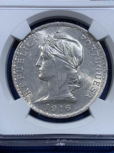 《竞宝斋》第420场 周日，周一，周二  3场连拍 （全场包邮） NGC AU58 葡萄牙1916年女神1埃斯库多银币，币面清爽干净又舒适，状态佳。