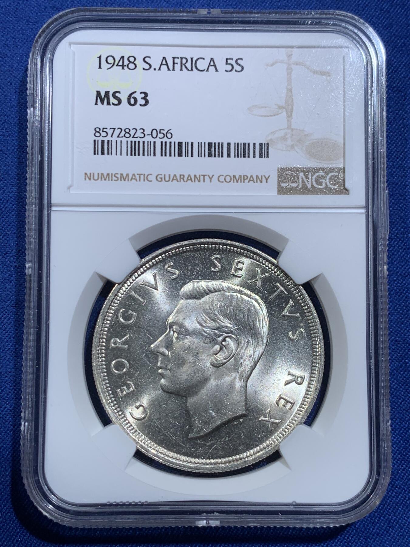 《竞宝斋》第420场 周日，周一，周二  3场连拍 （全场包邮） NGC MS63 英属南非1948年乔六跳羚5先令大银 早期高银版