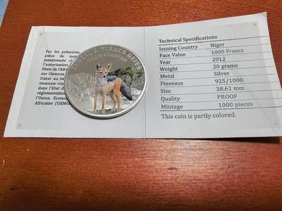 长老汇蛇年精选第五十场拍卖 - 2012尼日尔胡狼1000法郎彩色精制银币，1000枚带证书，克书标价125美金