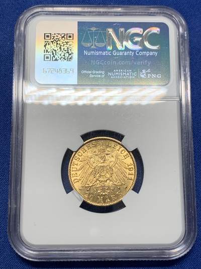 《竞宝斋》第420场 周日，周一，周二  3场连拍 （全场包邮） 亚军分 NGC MS63 德国 1911 黑森-达姆施塔特大公国 路德维希20马克 金币 约8克 900金 远高于金价的品种