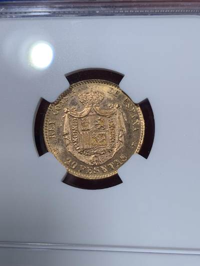 《竞宝斋》第420场 周日，周一，周二  3场连拍 （全场包邮） NGC MS64 西班牙1896（62）阿方索十三世20比塞塔金币 6.45克 900金 发行量12000枚 1962后铸版