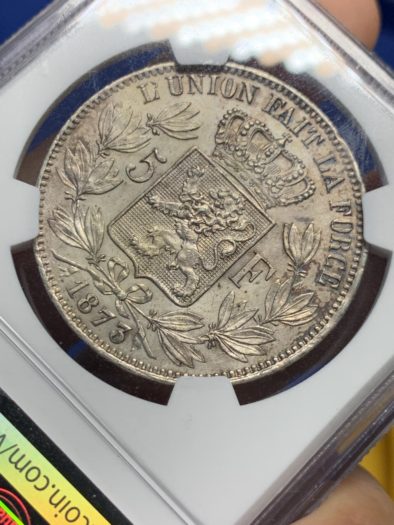 《竞宝斋》第420场 周日，周一，周二  3场连拍 （全场包邮） NGC UNCD 比利时1873年利奥波德二世5法郎银币