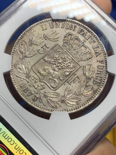 《竞宝斋》第420场 周日，周一，周二  3场连拍 （全场包邮） NGC UNCD 比利时1873年利奥波德二世5法郎银币