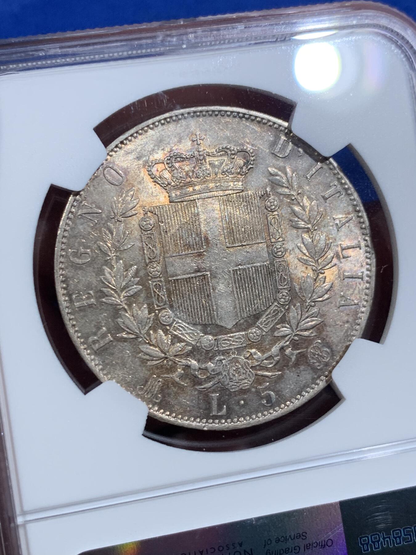 《竞宝斋》第420场 周日，周一，周二  3场连拍 （全场包邮） NGC MS61 意大利1872年伊曼纽尔二世5里拉大银币 黄油转光