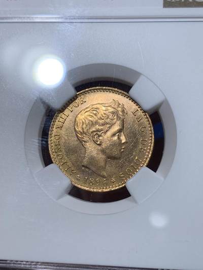 《竞宝斋》第420场 周日，周一，周二  3场连拍 （全场包邮） NGC MS64 西班牙1896（62）阿方索十三世20比塞塔金币 6.45克 900金 发行量12000枚 1962后铸版