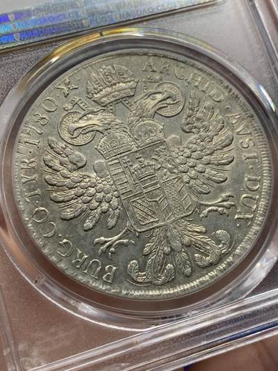 《竞宝斋》第420场 周日，周一，周二  3场连拍 （全场包邮） PCGS AU55分 1780年 神圣罗马帝国玛利亚特蕾莎女王 大奶妈1泰勒大银币 PC亚军分 封面广告币之一 威尼斯造币厂铸造 铸造时间1817-1833年 微镜面感 深打难得