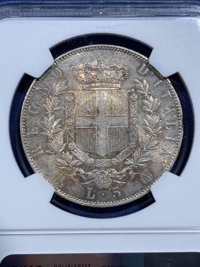 《竞宝斋》第420场 周日，周一，周二  3场连拍 （全场包邮） NGC MS61 意大利1872年伊曼纽尔二世5里拉大银币 黄油转光