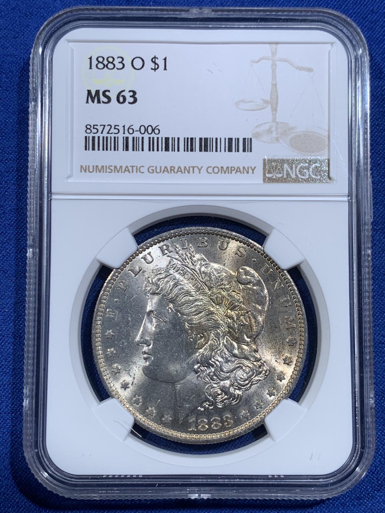 《竞宝斋》第420场 周日，周一，周二  3场连拍 （全场包邮） NGC MS63 美国1883年O版摩根银币，爆光BU品质，藏家必备品种。