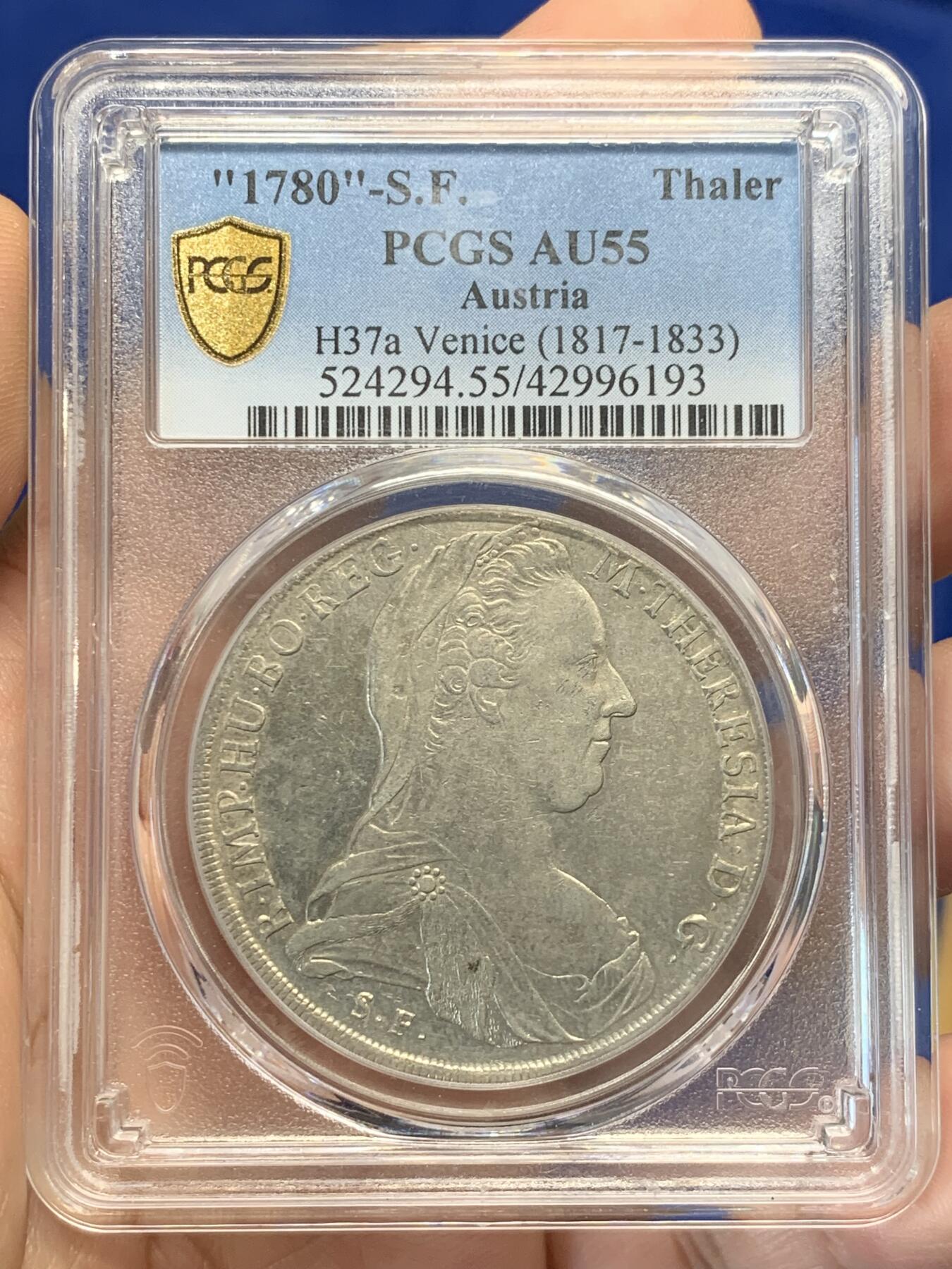 《竞宝斋》第420场 周日，周一，周二  3场连拍 （全场包邮） PCGS AU55分 1780年 神圣罗马帝国玛利亚特蕾莎女王 大奶妈1泰勒大银币 PC亚军分 封面广告币之一 威尼斯造币厂铸造 铸造时间1817-1833年 微镜面感 深打难得