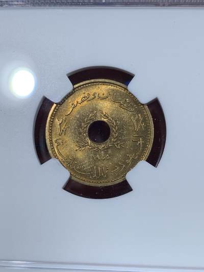 《竞宝斋》第420场 周日，周一，周二  3场连拍 （全场包邮） NGC MS63 黎巴嫩1955年2.5皮阿斯特中孔黄铜币