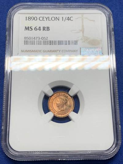 《竞宝斋》第420场 周日，周一，周二  3场连拍 （全场包邮） - NGC MS64RB 英属锡兰1890年维多利亚1/4铜币 高分