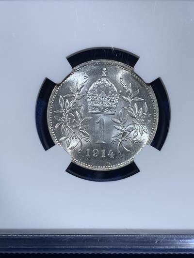《竞宝斋》第420场 周日，周一，周二  3场连拍 （全场包邮） NGC MS64 奥地利1914年1克朗银币 拆卷状态