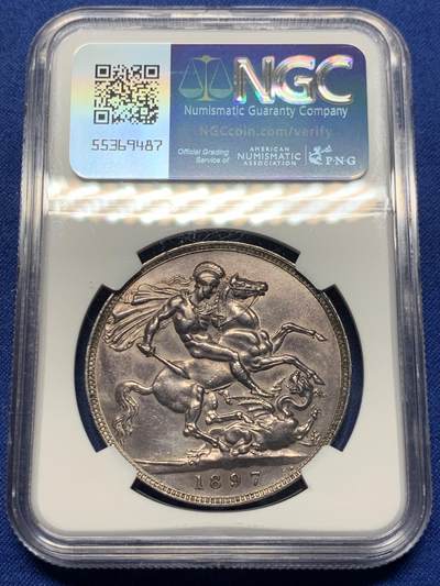 《竞宝斋》第420场 周日，周一，周二  3场连拍 （全场包邮） NGC AU 英国1897年维多利亚披纱马剑克朗银币 双面深彩包浆 细节不错