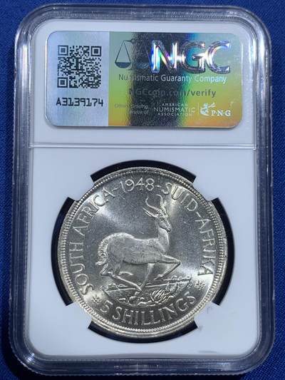 《竞宝斋》第420场 周日，周一，周二  3场连拍 （全场包邮） NGC MS63 英属南非1948年乔六跳羚5先令大银 早期高银版