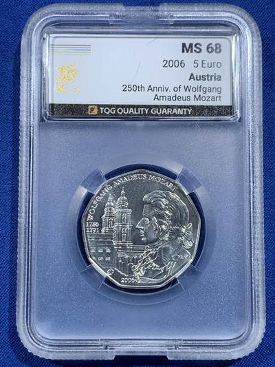 《竞宝斋》第420场 周日，周一，周二  3场连拍 （全场包邮） TQG MS68 奥地利2006年欧洲之星-莫扎特250年诞辰5欧元普制银币 10克 800银