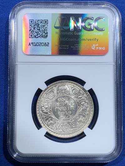 《竞宝斋》第420场 周日，周一，周二  3场连拍 （全场包邮） NGC MS62 英属印度1919年乔治五世1卢比银币