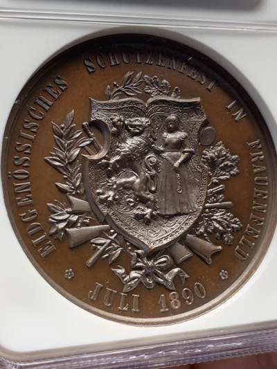 《竞宝斋》第420场 周日，周一，周二  3场连拍 （全场包邮） NGC MS64BN 1890年瑞士射击节铜章，原光PL感，感觉有点低评了，加厚盒。