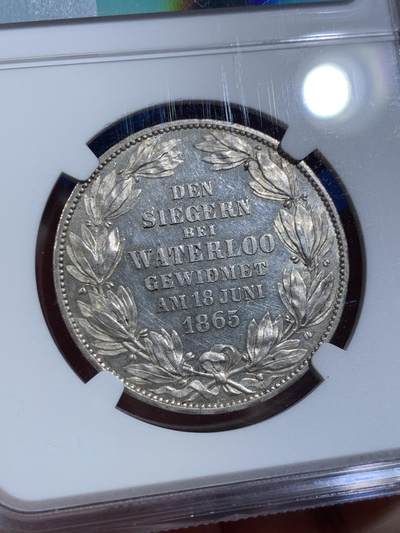 《竞宝斋》第420场 周日，周一，周二  3场连拍 （全场包邮） NGC MS62 德国 1865 汉诺威 滑铁卢战役五十周年 泰勒银币 分数状态都不错