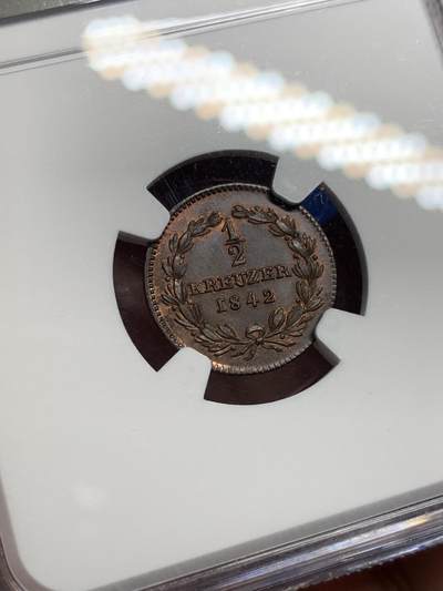 《竞宝斋》第420场 周日，周一，周二  3场连拍 （全场包邮） NGC MS64BN 德国1842年巴登1/2克鲁泽铜币