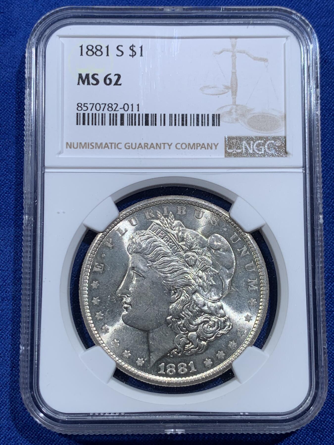 《竞宝斋》第420场 周日，周一，周二  3场连拍 （全场包邮） NGC MS62 美国1881年摩根一美元银币 低评 基础投资盒子币 外面还在涨