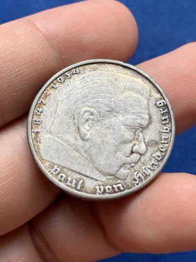 《竞宝斋》第420场 周日，周一，周二  3场连拍 （全场包邮） 德国1936年A兴登堡5马克银币 帝国鹰版 原味包浆