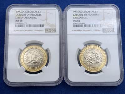 《竞宝斋》第420场 周日，周一，周二  3场连拍 （全场包邮） 稀少12枚一组 NGC MS63-66 直布罗陀 2000 赫拉克勒斯的功绩系列 双金属2镑纪念币 低评明显