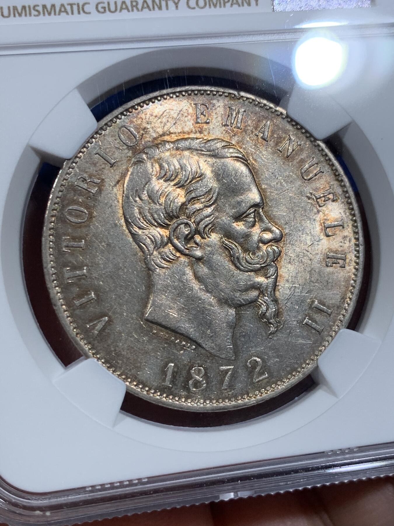 《竞宝斋》第420场 周日，周一，周二  3场连拍 （全场包邮） NGC MS61 意大利1872年伊曼纽尔二世5里拉大银币 黄油转光